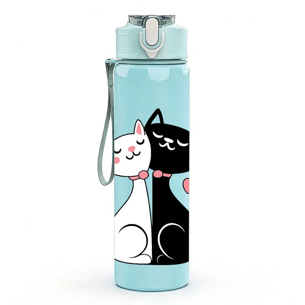 1PC Twin Cats Love Heart Cartoon 750ml Color Plastic Sports Water Bottle Leakproof Flip Straw Lid Suitable for Sports Office Home Use