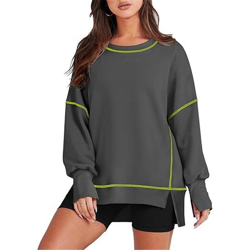 Europäischer und amerikanischer Stil Damen Lässiger lockerer Pullover Neuer lockerer Rundhals Farbblock Langarm-Oberteil