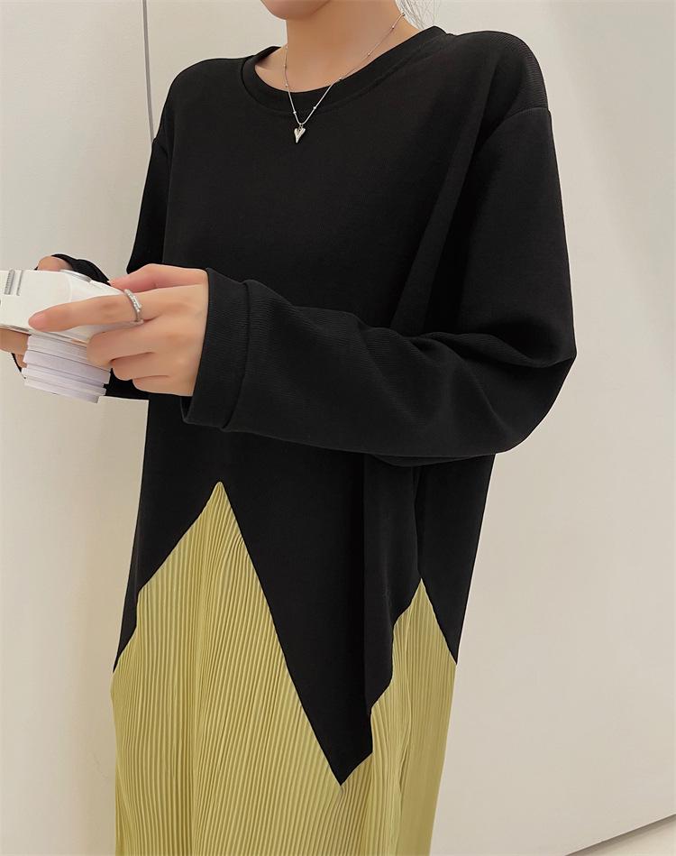 2023 Autumn/Winter Plus Size Patchwork Pleated Long Sleeve Dress for Women