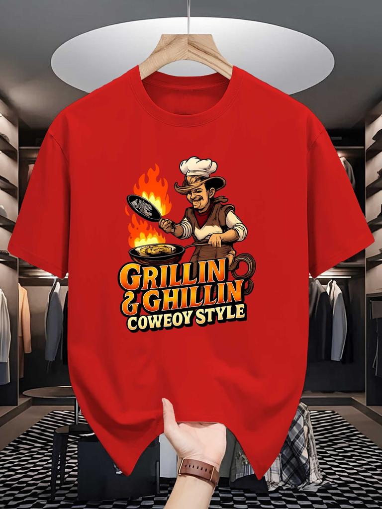 Vintage Cowboy Chef Graphic Unisexs Crew Neck T Shirt Grillin And Chillin Western BBQ Print Short Sleeve Casual Cotton Daily Tops