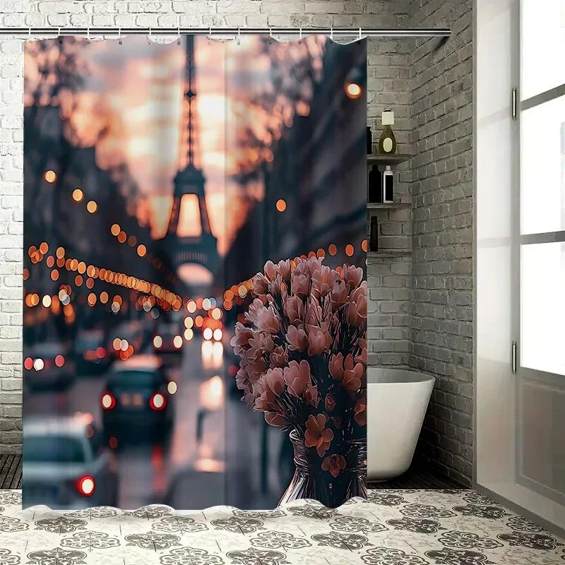Romantic Paris Night View With Eiffel Tower And Blossoms Waterproof Shower Curtain Waterproof Polyester Fabric Complimentaryhook