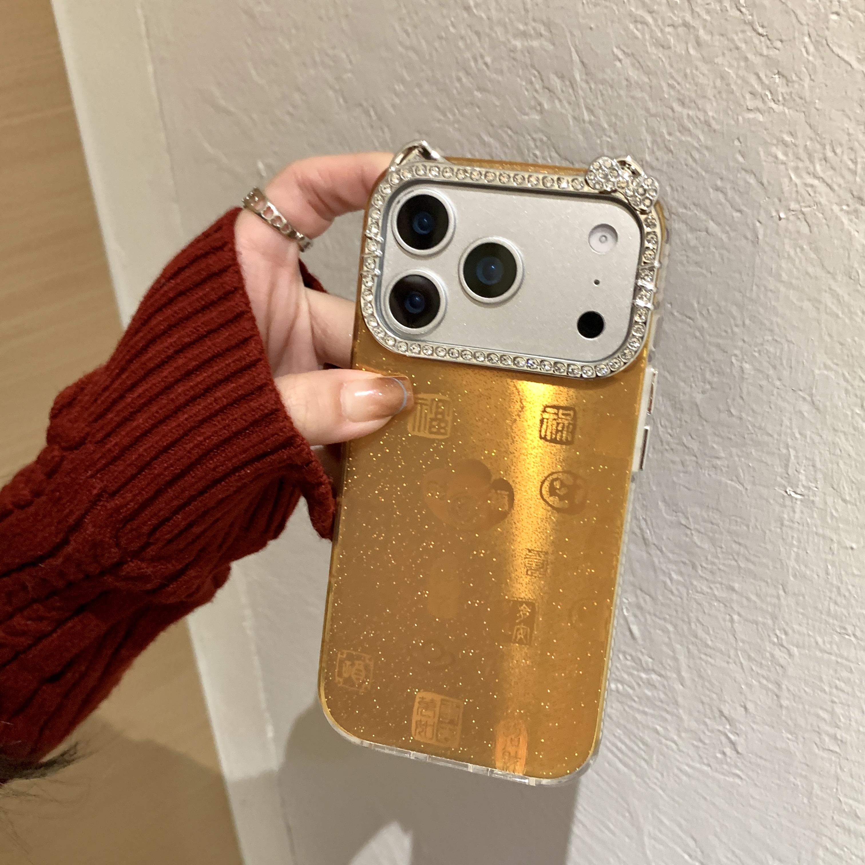 

Розкішний блискучий чохол для телефону iPhone 17 16 15 14 11 12 13 Pro Max Plus з оправою для лінз зі стразами, щасливий, багатий, задня кришка iPhone 14 Pro