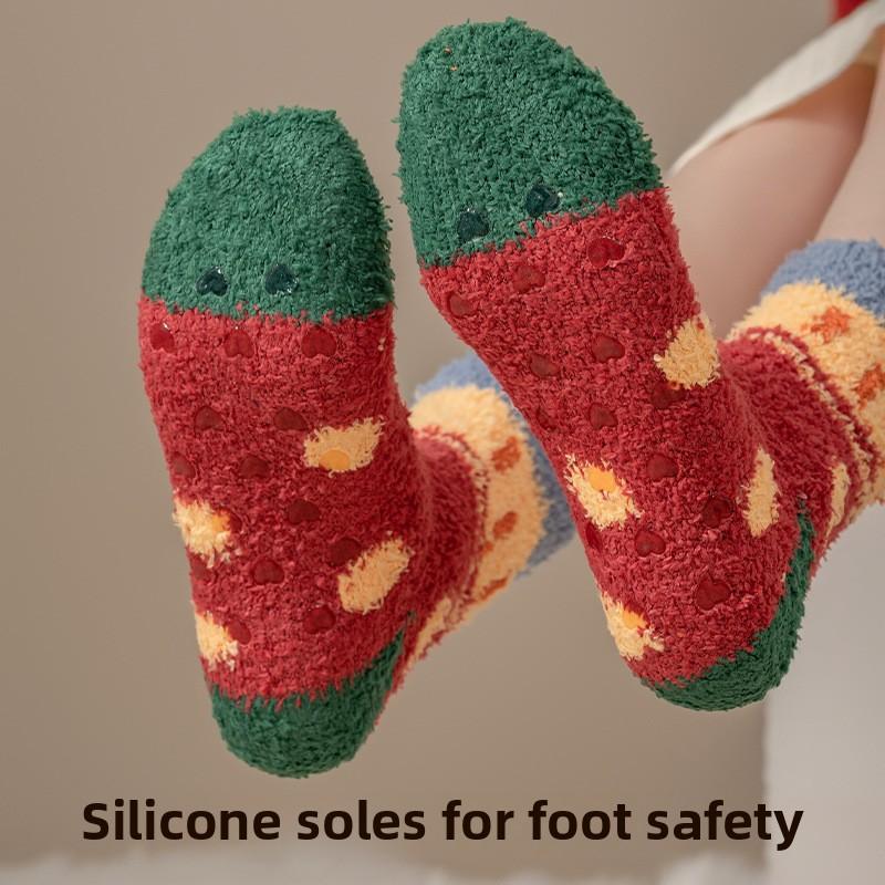 Coral Velvet Socks for Women Thickened Non-shedding Cartoon Furry Jacquard Sleeping Socks Floor Non-slip Warm Home Socks