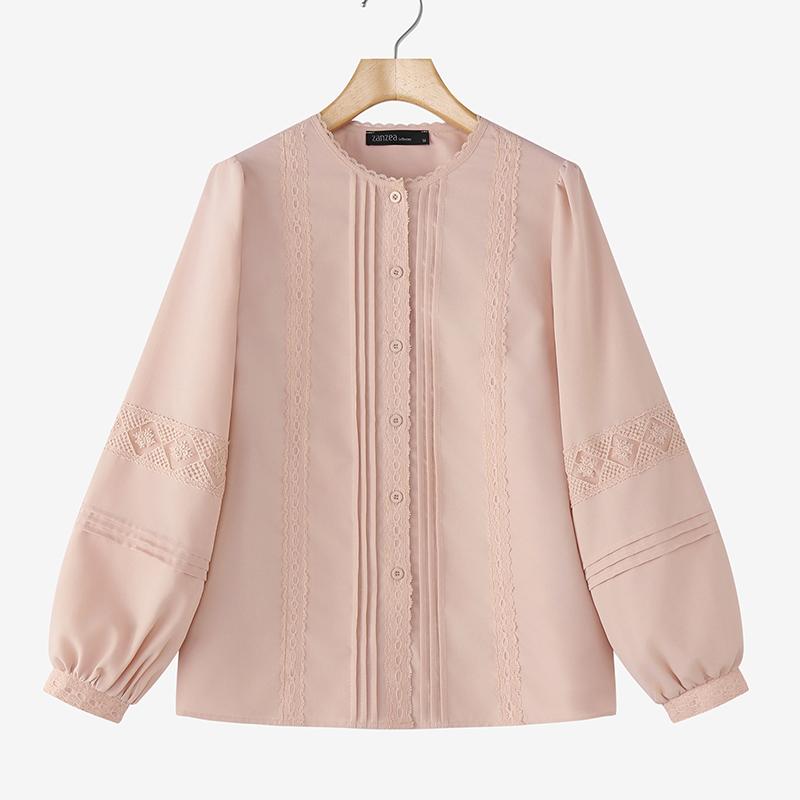 

ZANZEA Женская повседневная блузка с круглым вырезом, кружевной вставкой, длинным рукавом, свободного кроя M розовый