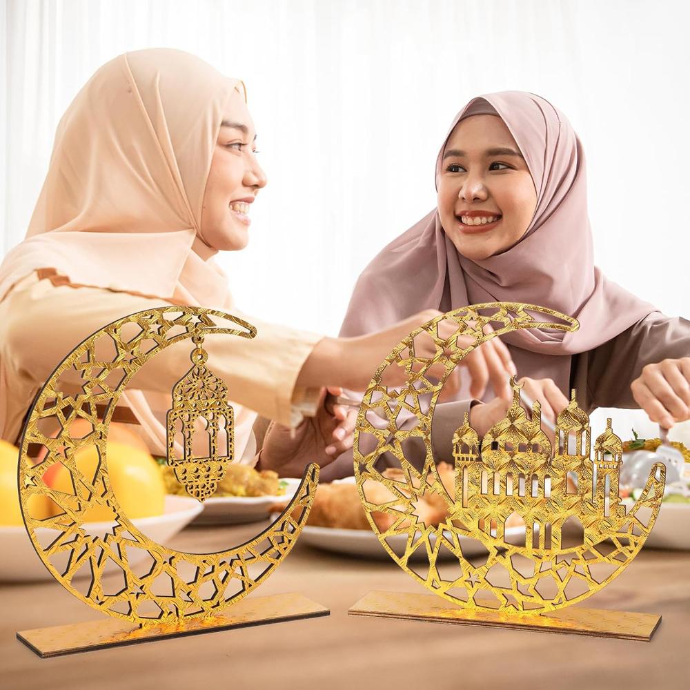 2 st Trä Ramadan Islamisk Eid Mubarak Kareem Bordskylt Måne Ihålig Stjärna Prydnad För Muslimsk Fest Dekorativa Bordsskivstillbehör