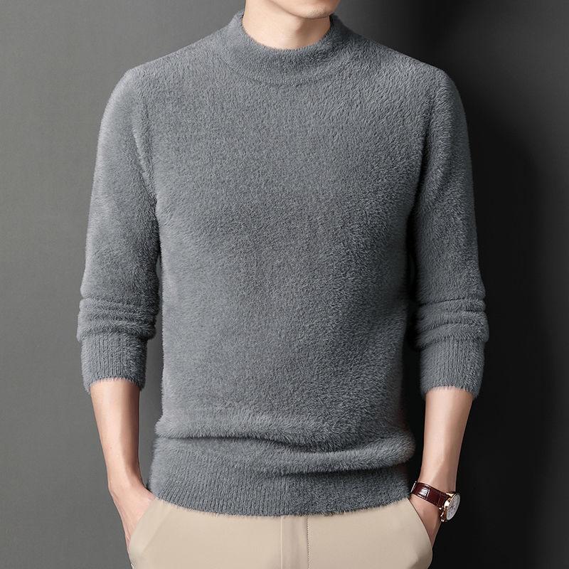 Imitation Mink Fleece Men Sweater Pullovers Thickened Half High Neck Solid Male Clothes Business Casual Autumn Winter Sweaters