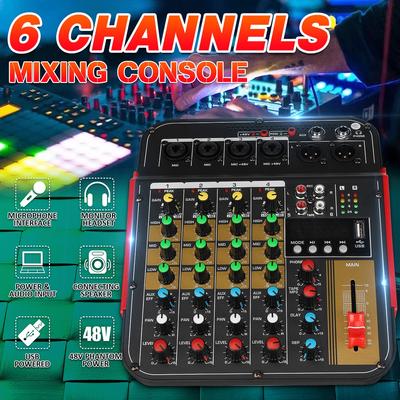 48V Wireless 6-Channel Mixer Audio Professional Portable Sound Mixing Console USB Interface Built-in Phantom Power