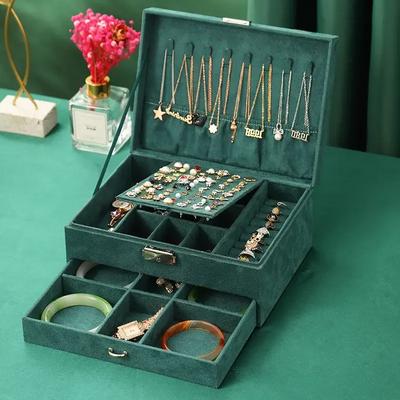 Men's and Women's Vintage Jewelry Boxes, Large Capacity Storage Boxes, Luxury Style Jewelry Spaces, Fine Soft, Dark Green Velvet