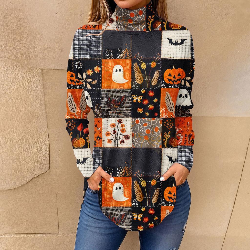 Tee Shirts For Women Fall Casual Long Sleeve Shirts Sweatshirt Vintage Printed High Neck Top Pullover