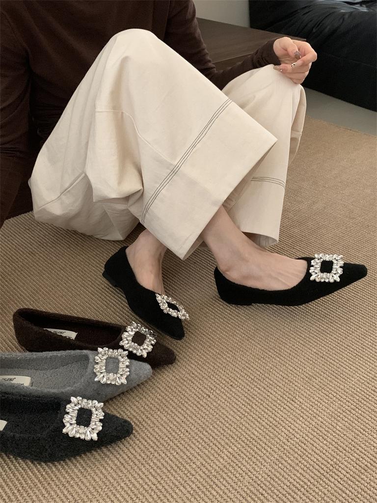 2025 autumn and winter new rhinestone square buckle flat-soled single shoes celebrity temperament fashionable shallow mouth velvet warm cotton shoe