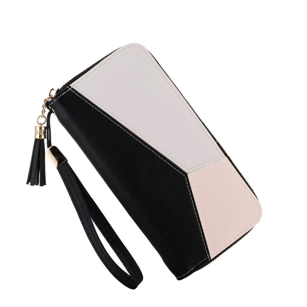 Leather Wallet For Women, Clutch Travel Tassel Purse Wristlet In Colorblock Leather With Card Slots Money Organizer And Phone Holder