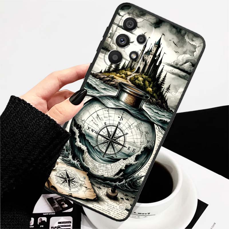 

Vintage compass illustration For Samsung A73 A72 A71 A55 A54 A53 A52 A51 A13 A22 A16 A15 A12 A14 A26 A07 5G Black Phone Case Galaxy A07 4G