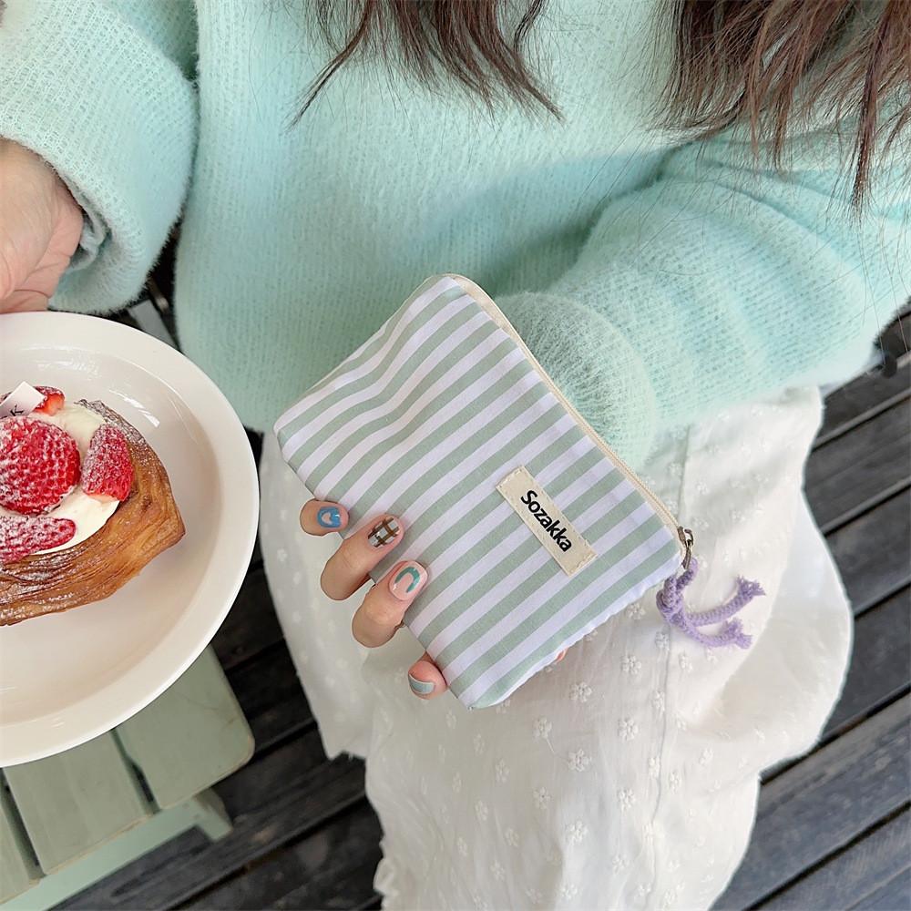 Canvas Striped Makeup Bag With Portable Storage For Daily Use
