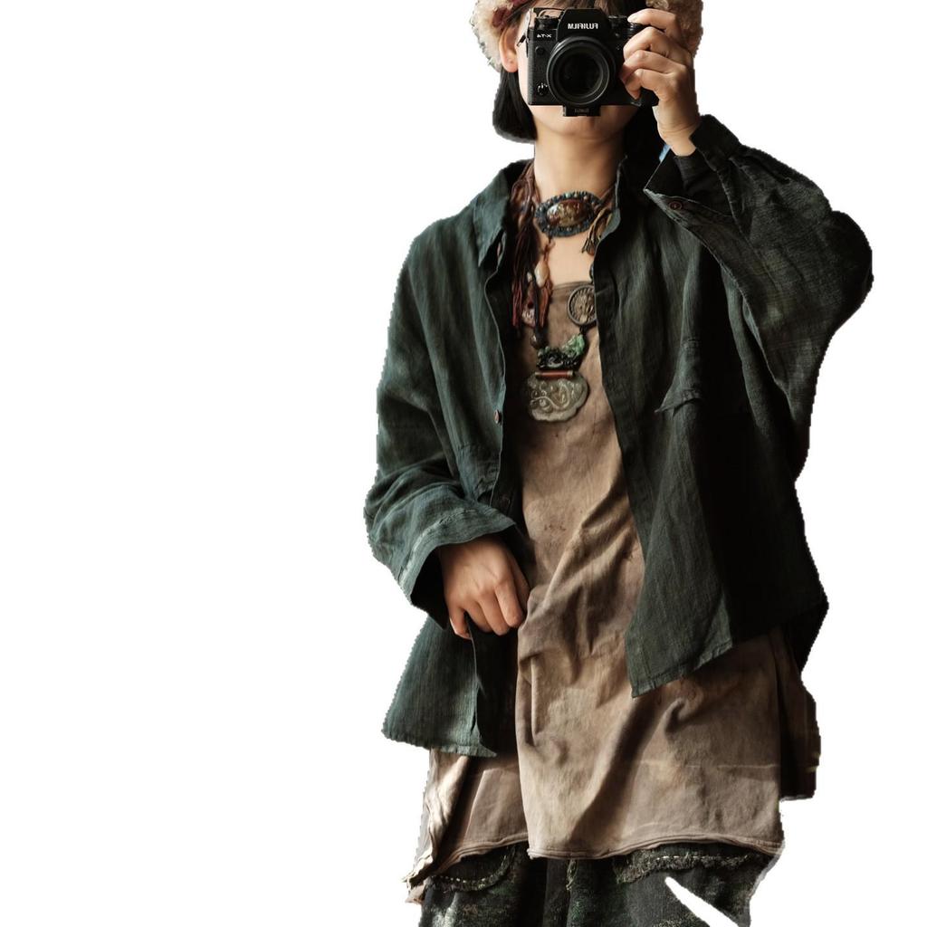 Luo Gu Ni Women's Artistic Retro Green Linen Blend Shirt SB2966
