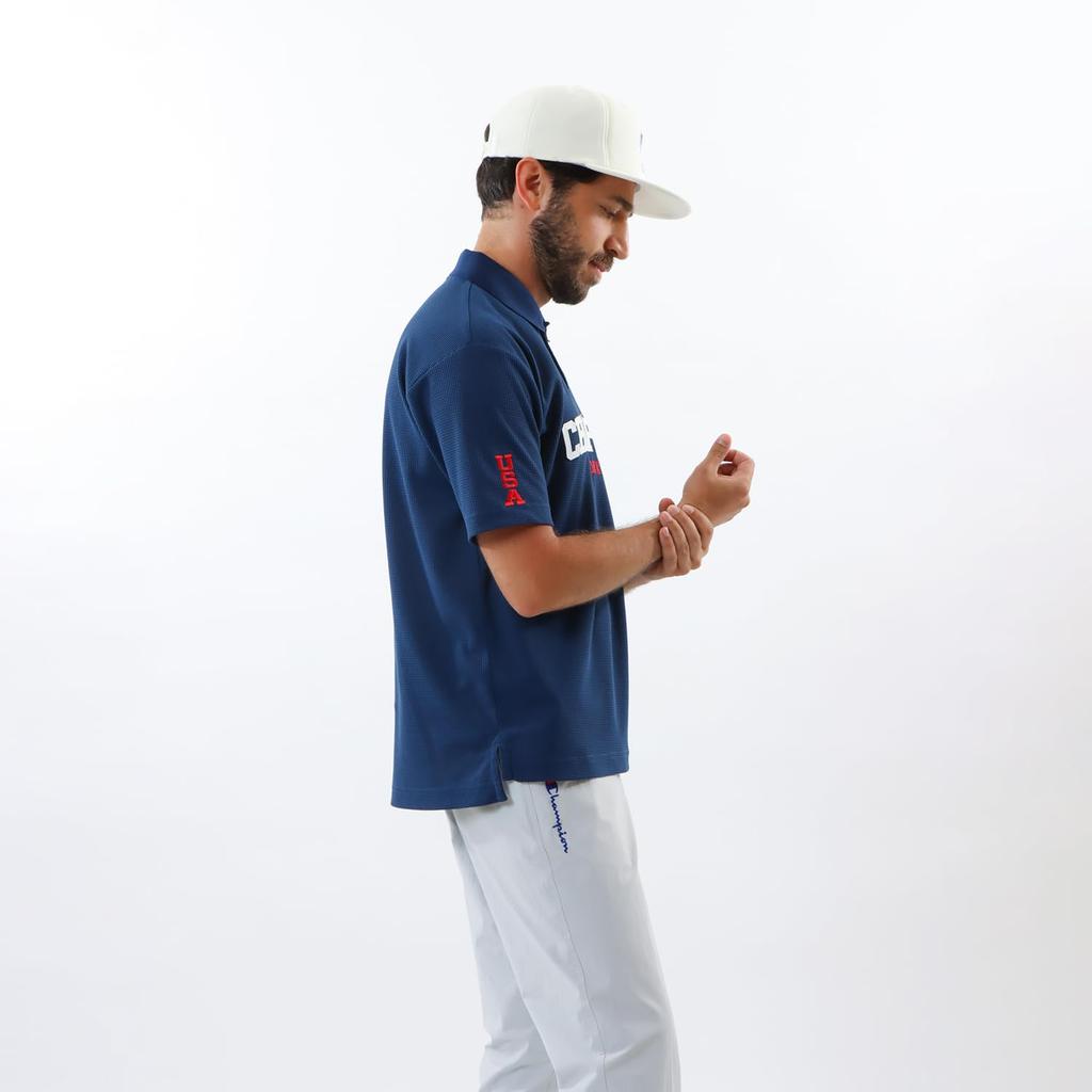 Champion Short Sleeve Antibacterial and Odor Resistant Polo Shirt with UV and Heat Shielding Graphic Logo Navy Men's Quick-Drying, Protection, Print,