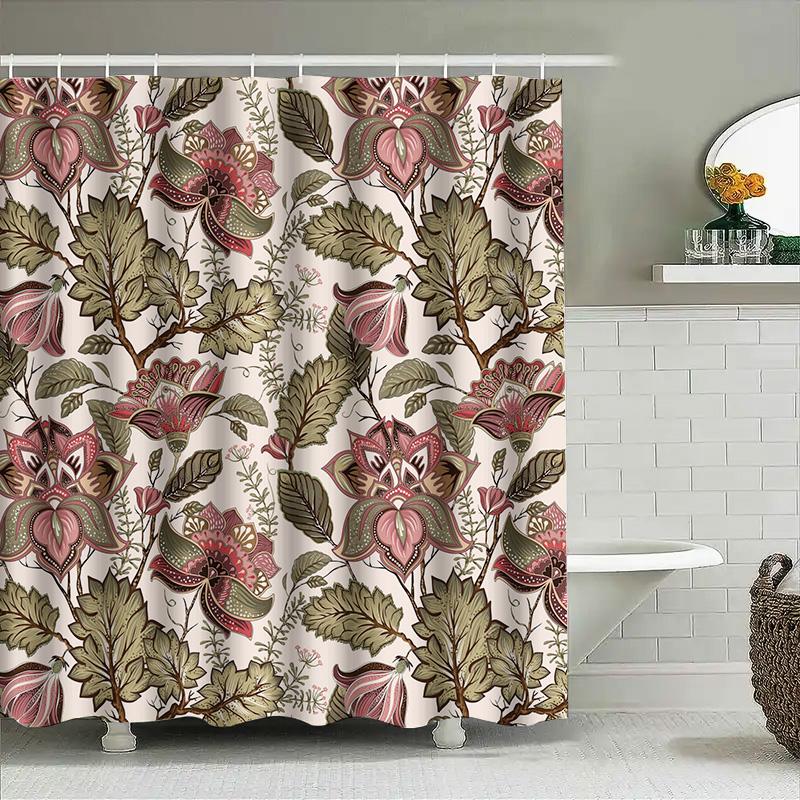Floral Pattern Shower Curtain Pink And Green Beautiful Home Decor For Bathroom 72 X 84 Inches Waterproof Fabric
