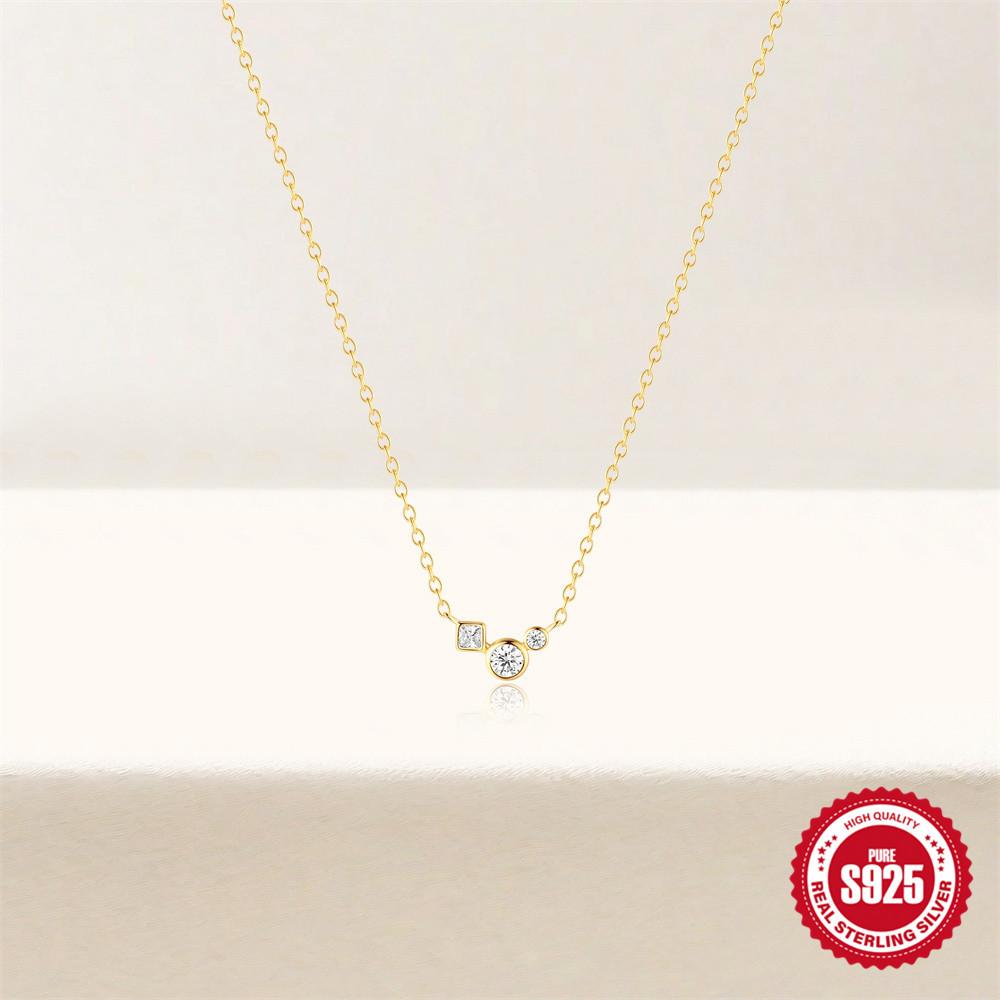 Argent Sterling S925 Géométrique Carré Diamant Diamant Rond Épissage Carré et Cercle Fusion Mode Collier Chaîne Clavicule