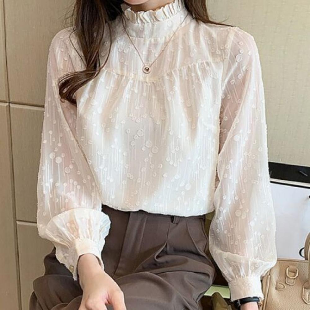 Navava Women Romantic Mock Neck Frill Puff Long Sleeve Blouse Nb3078