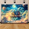 2D Plane Ladder Hanging House with Colored Balloons and a Child Looking Up At the Sky Background Cloth Polyester
