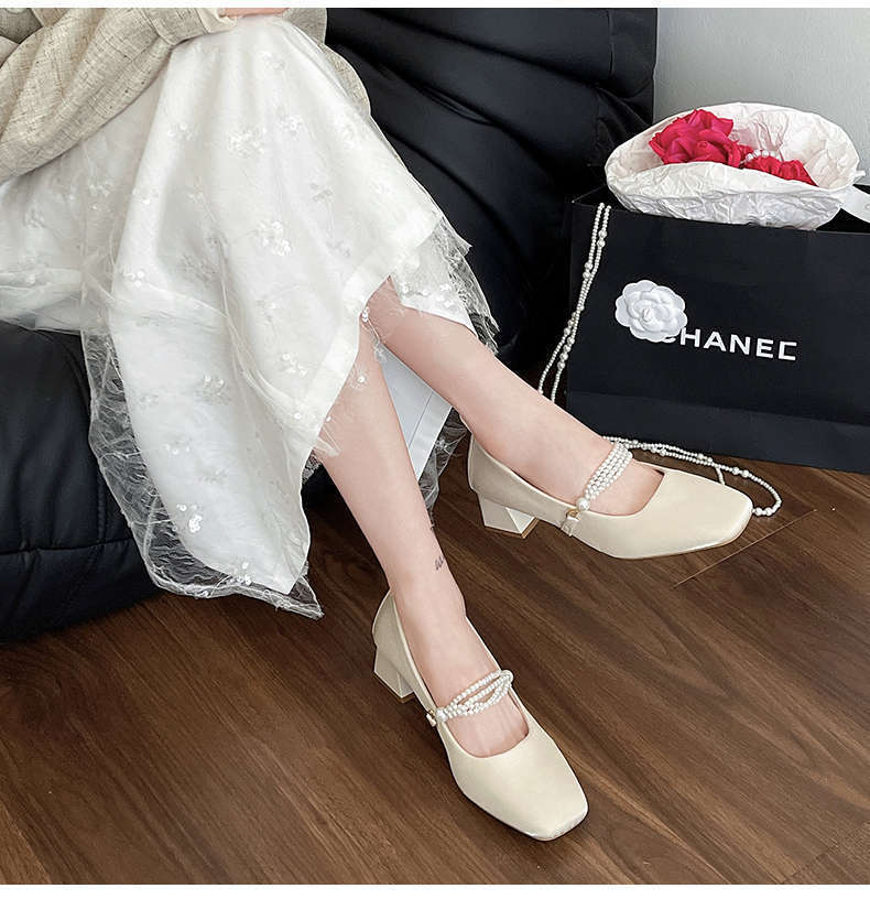 Fairy temperament daily wear square head Mary Jane high heels wedding shoes bridesmaid shoes banquet shoes French single shoes