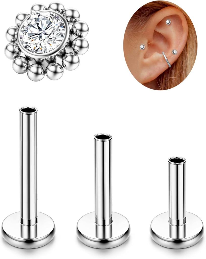 Bobisty G23 Titanium Tragus Conch Helix Piercing Jewelry 6mm 8mm 10mm Internally Threaded Flat Back Stud Earrings Tragus Jewel