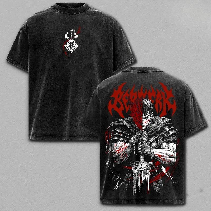 Hot Anime Berserk Guts Clothing Men Women Short Sleeve Tshirts Washed Cotton Tee Retro Oversized T-shirt Harajuku Unisex T Shirt