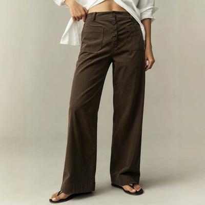 Dünne einfarbige Cord-Hose mit hohem Bund und weitem Bein für Damen, lässig