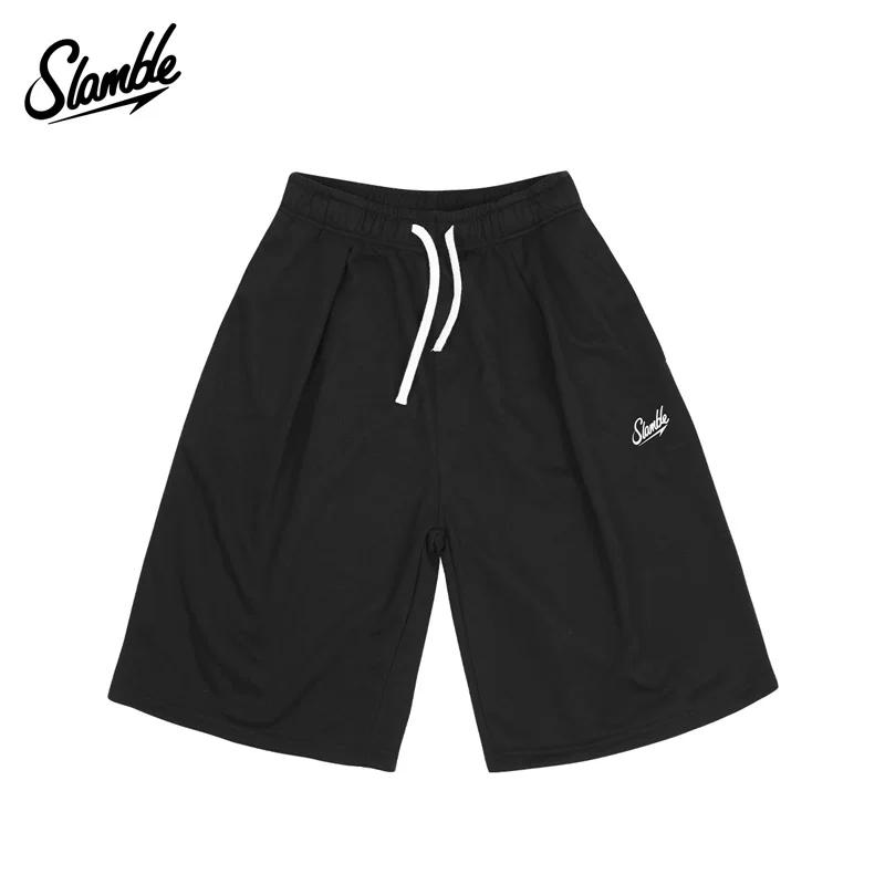 Slamble American-Style Casual Terry Cropped Pants for Men and Women, Loose Fit, Sweat-Absorbent, Above-The-Knee, Letter Print, Summer Fashion M чёрный