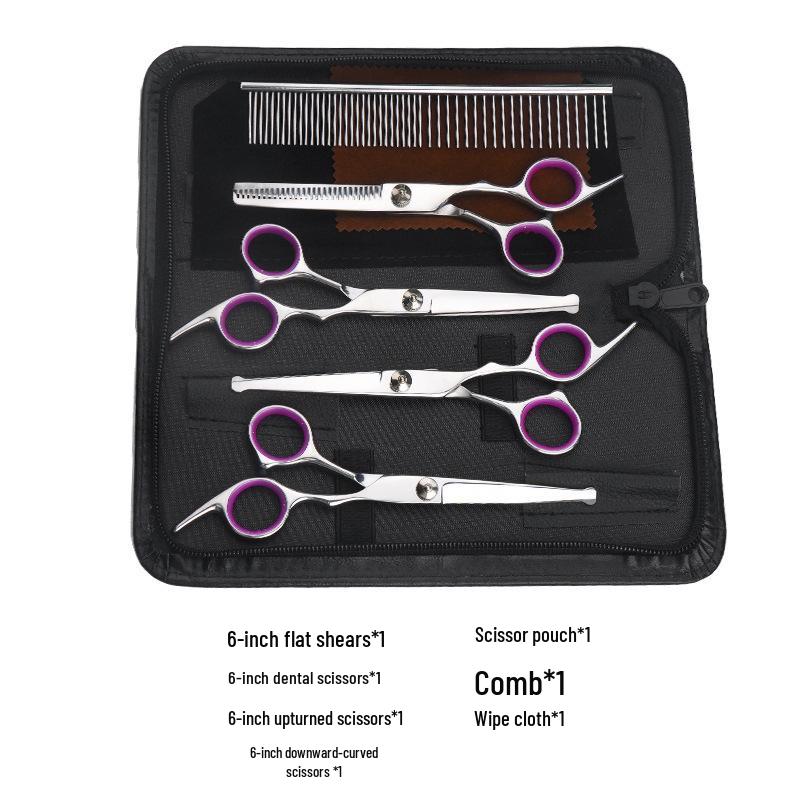 All-Steel Pet Grooming Scissors Set: Flat-Tooth & Curved Trimmers for Dog Hair Care.