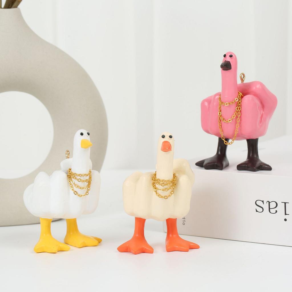 Funny Black Duck Resin Figurine Ornament with Glasses Necklace Middle Finger Duck Sculpture Statue Crafts Home Decoration Gifts