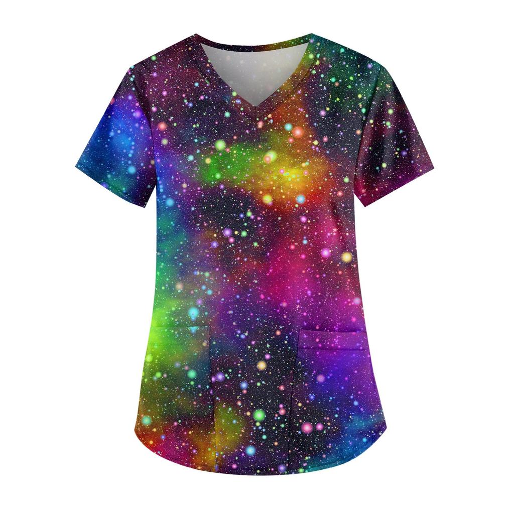 Plus Size Printed Scrub Working Uniform Tops For Women's V-Neck Short Sleeve Fun T-Shirts Workwear Tee With Pockets