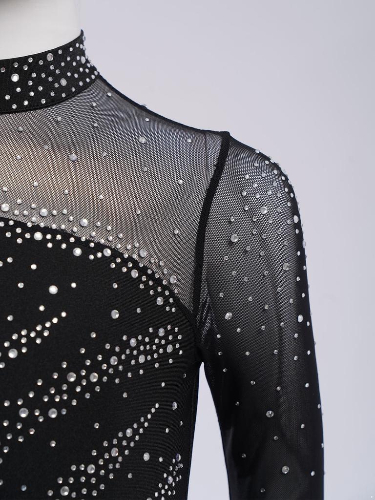 Girls Figure Skating Dress Long Sleeve Sparkling Rhinestones Color Block Patchwork Stage Performance Costume