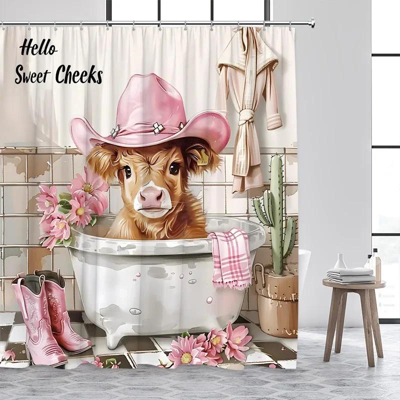 ZYJ01Bathing Highland Cattle Shower Curtains Funny Farm Animal Cactus Plant Pink Bath Curtain Set Polyester Bathroom Decor w7Dc