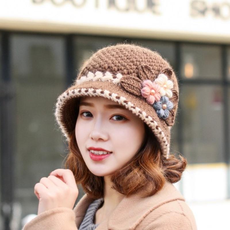 Women's Handmade Crochet Bucket Hat with Floral Embellishments Lightweight Warm Winter Hat Floral Crochet Hat