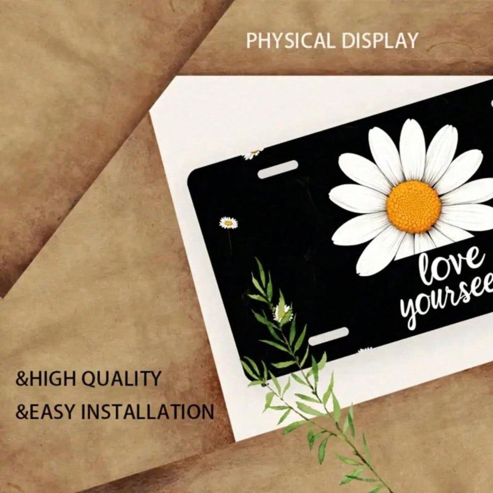 2D Flat White Daisy License Plate Frame, Waterproof Aluminum Front Car Tag Cover, 5.9x11.8 Inch Decorative