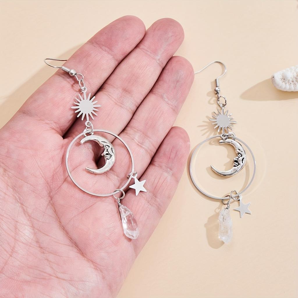 Boucles d'oreilles pendantes tendance Lune Vent Étoile Argent Irrégulières Naturelles Blanches, Bijoux étincelants pour les fêtes, Boucles d'oreilles exquises pour les cadeaux