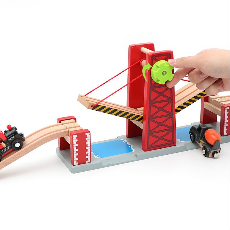 Wooden Train Track Toys Set Lifting Large Suspension Bridge Accessories Track Train Rail Transit Wooden Railway Kids Toys PD82