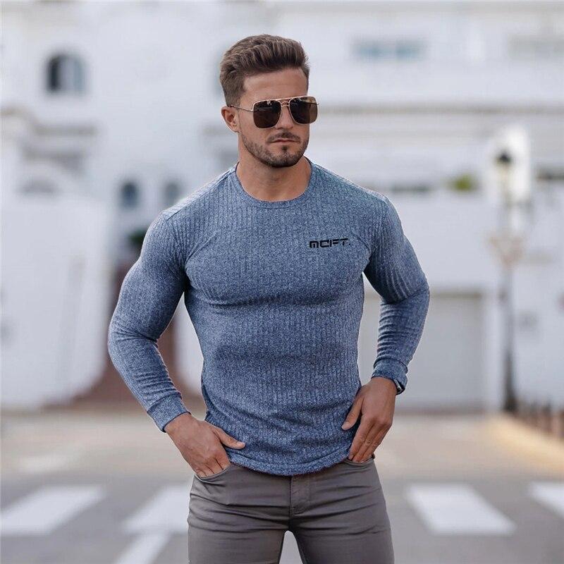 Muscleguys Fashion Plain Colour Thin Knit Shirt Long Sleeved Men's Casual Fitness Clothes M-2XL 5 Colors