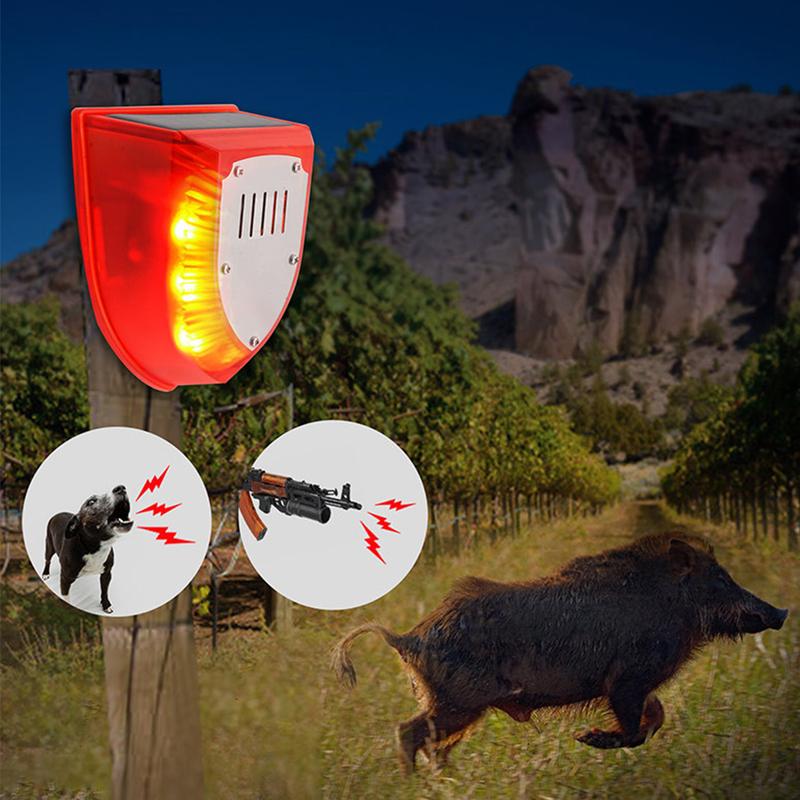 Zvuky střelby & Zvuk štěkání psa & Stroboskopické světlo s pohybovým senzorem Bezpečnostní poplašný systém Vodotěsný pro vilu, statek, zahradu