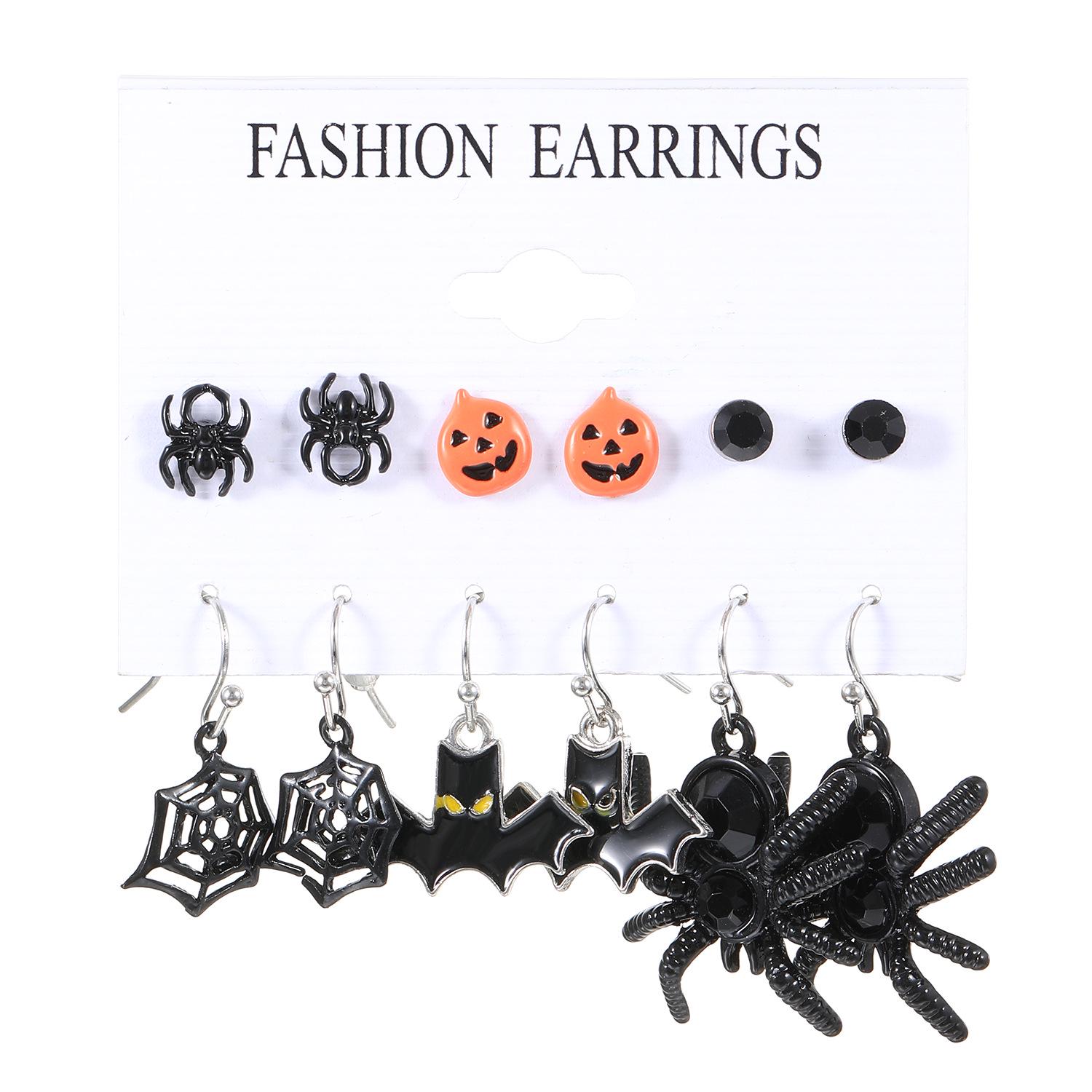 Cross-Border Halloween Earrings Set: Ghost, Pumpkin, Witch, Skeleton, Spider, Black Cat, Bat, Spider Web Ear Studs