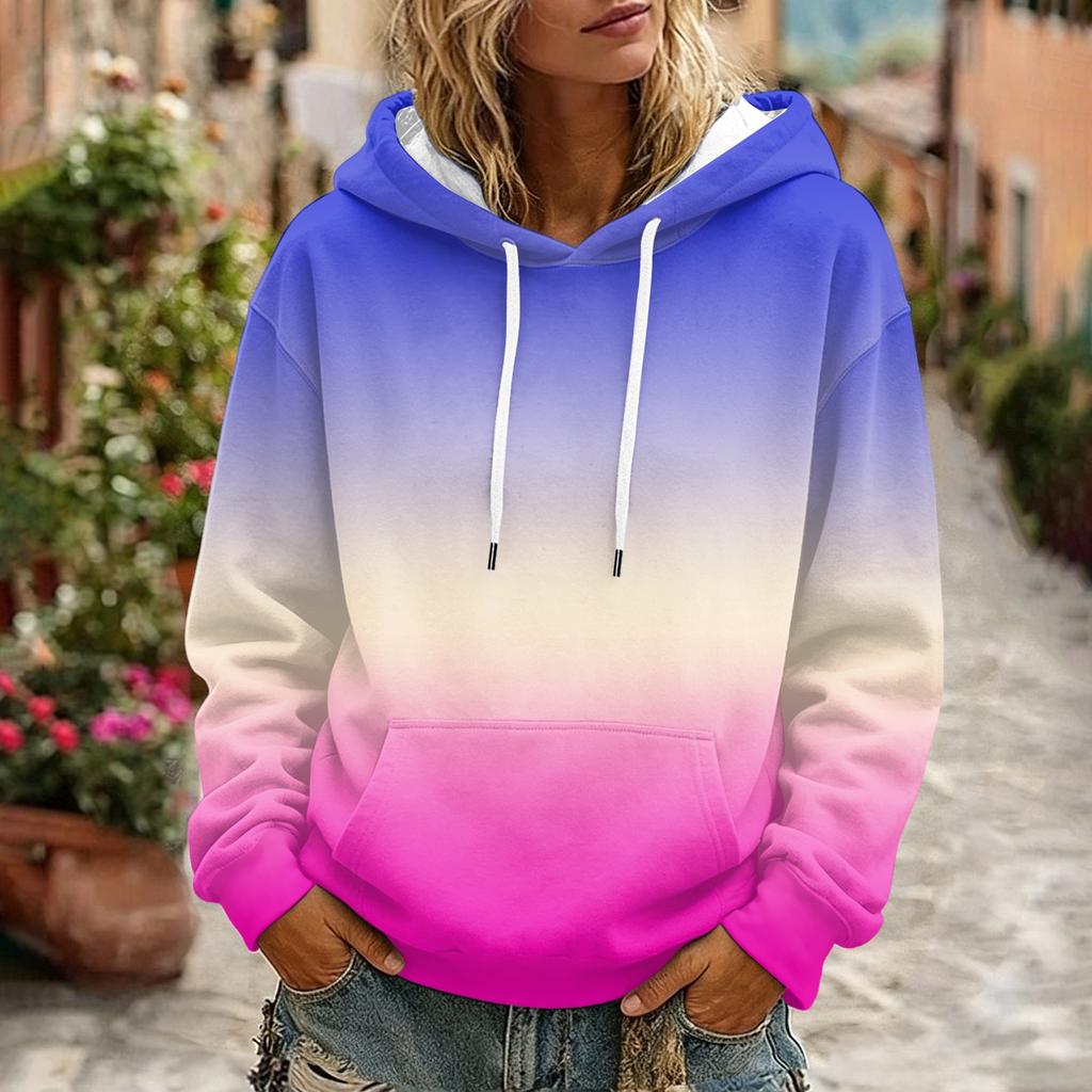 Women's Gradient Printed Long Sleeve Hoodie with Pocket and Casual Top