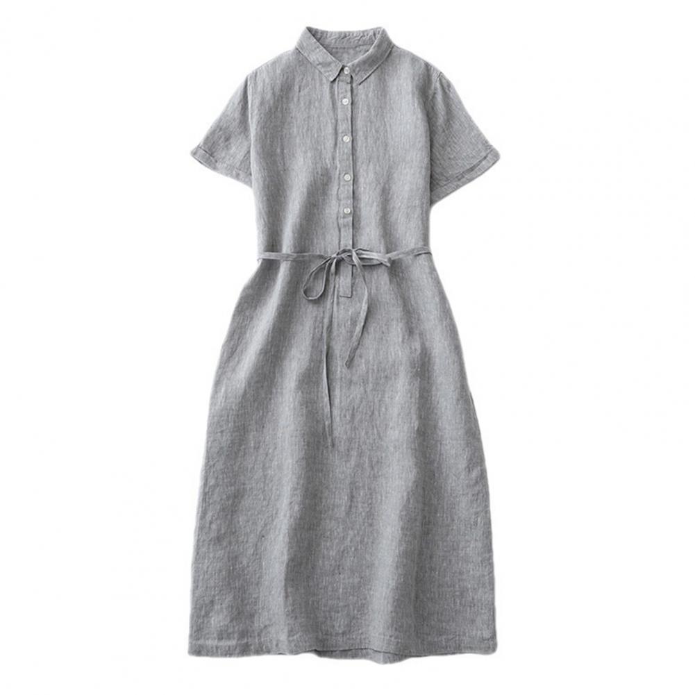 Summer Lady Dress Turn-down Collar Short Sleeves A-line Big Hem Pure Color Lace-up Strap Half Single-breasted Midi Dress Dating