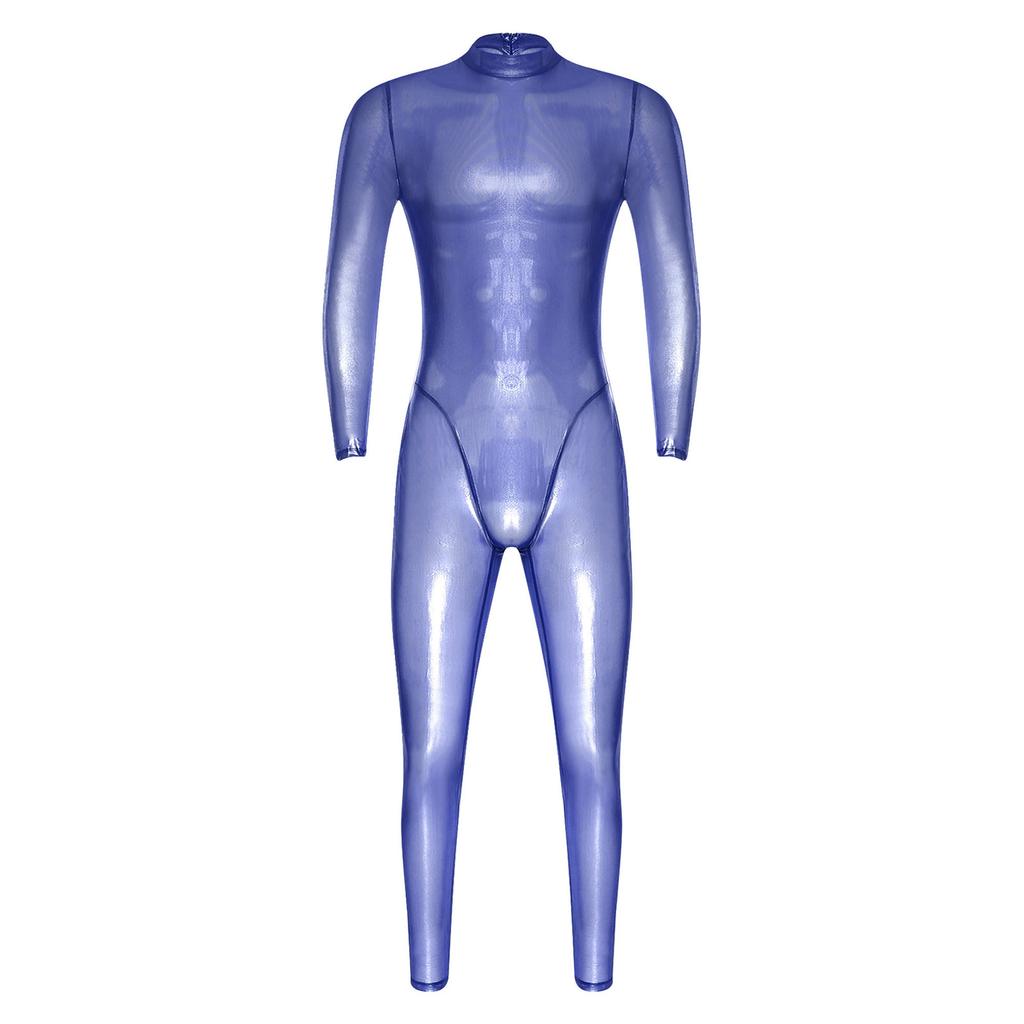 Tuta Holografica Trasparente da Uomo Manica Lunga Full Body Zip Posteriore Catsuit Clubwear