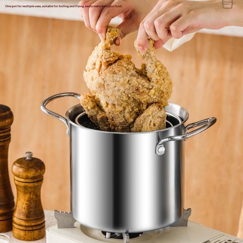 3.5L Deep Fryer Pot Stainless Steel Frying Pot With Mesh Steamer Basket With Glass Lid Kitchen Household Soup Pot Tool