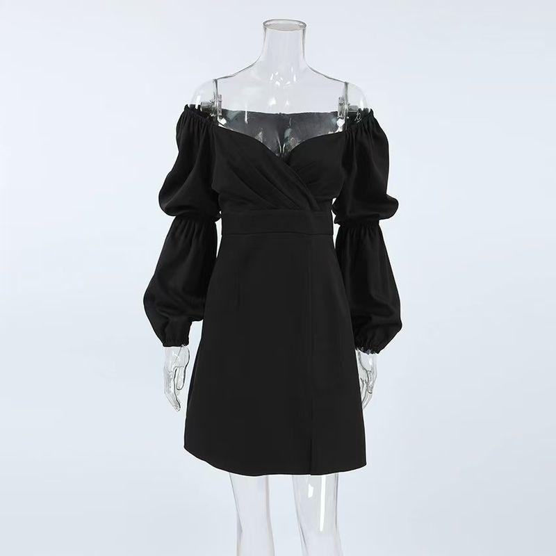 

Fashion Sexy V-neck Long Sleeve Silm Slit Fashionable Elegant Dress Sexy V-neck Slip Dress Black S