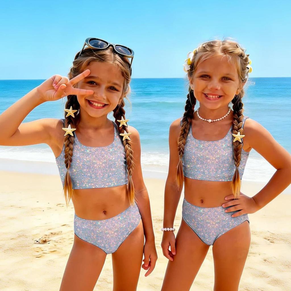 Costume da Bagno Due Pezzi per Bambina Set Top Corto Senza Maniche con Stampa di Paillettes e Slip a Vita Alta Costumi da Bagno per Bambini Estate Abbigliamento da Spiaggia