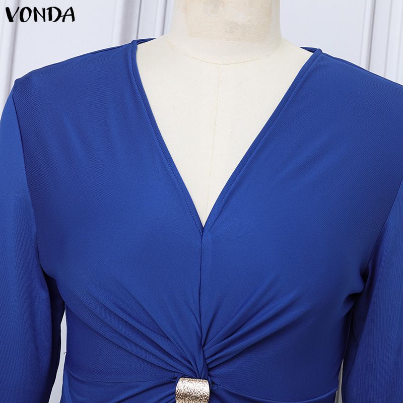VONDA Women V Neck Long Sleeve Twisted Waist Solid Color High Splits Party Long Dress