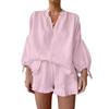 Stylish Cotton Linen V-Neck Lantern Sleeve Shorts Two-Piece Set