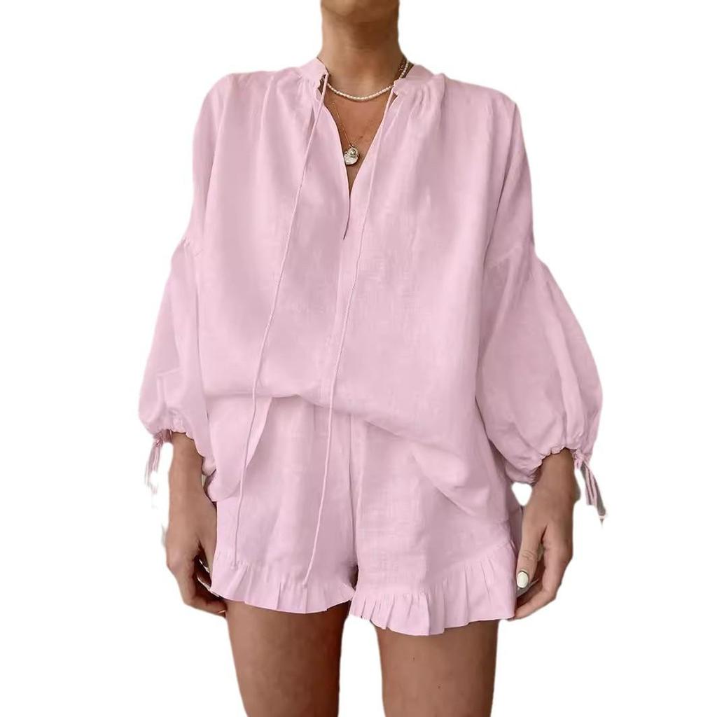 Stylish Cotton Linen V-Neck Lantern Sleeve Shorts Two-Piece Set