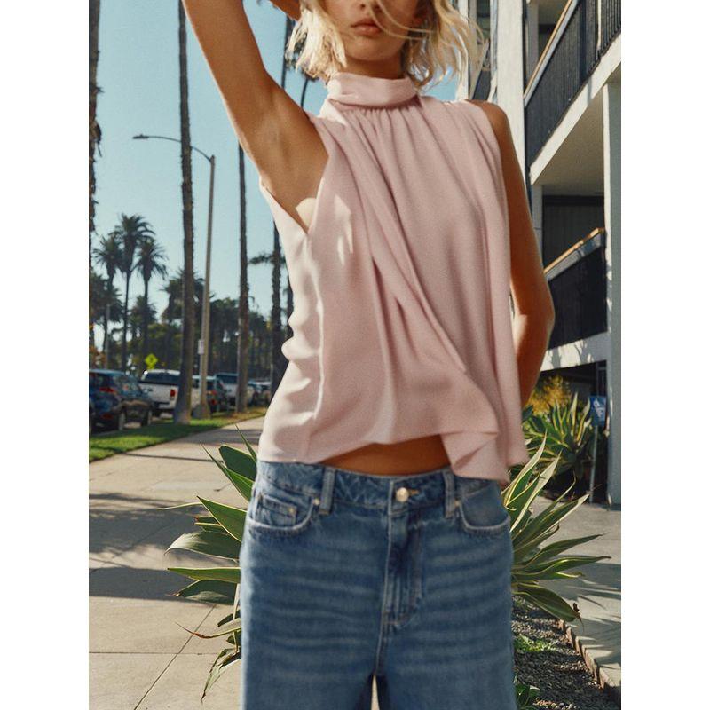 Za2024 Fall New Women's Clothing Elegant Pink Bowknot Decoration Drape Sleeveless Stand Collar Tops 9079342